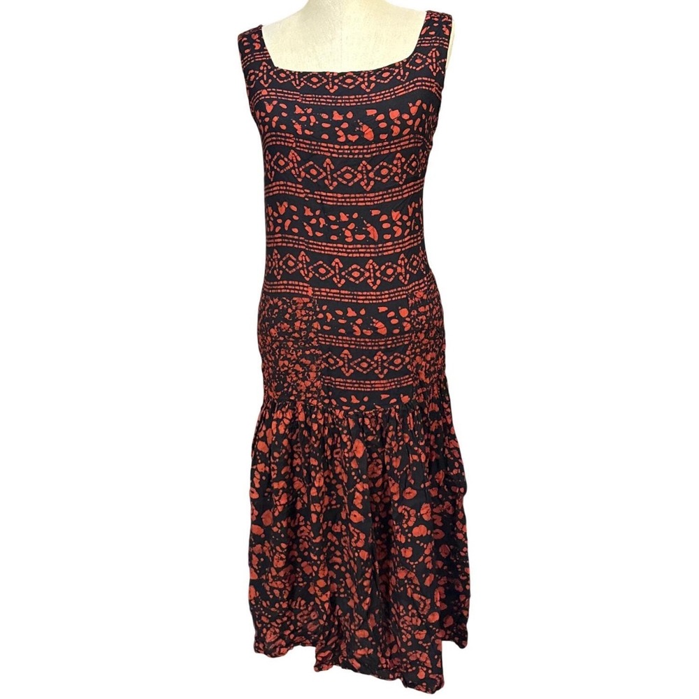 VTG Casual Wear M Red Black Batik Print Dress 100% Cotton Hippie Boho Grunge 90s